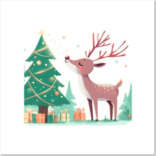 Green Tree Reindeer Enjoying Their Christmas Tree Posters and Art